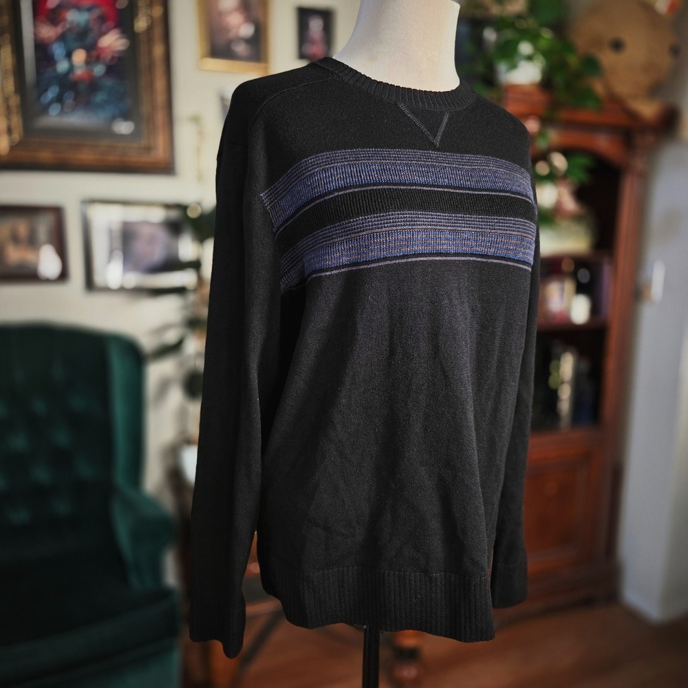 Smartwool Men Sweater Large Black Merino Wool Blend Striped Crewneck Pullover L